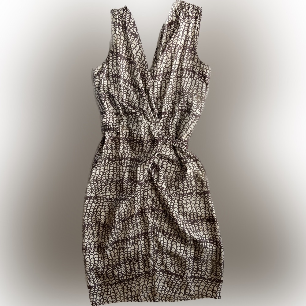 Ports 1961 Silk Dress False Wrap,  Soft White and Coco Brown, Size 4
